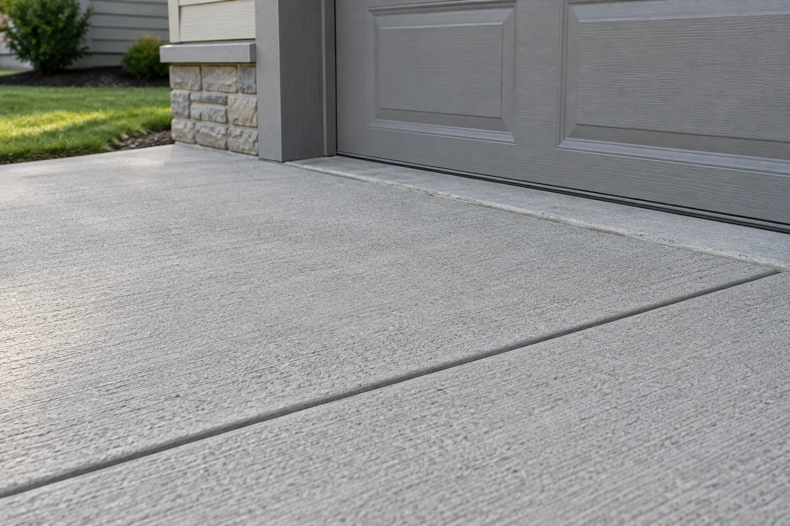 Illustrative broom-textured concrete and a joint beside a garage threshold